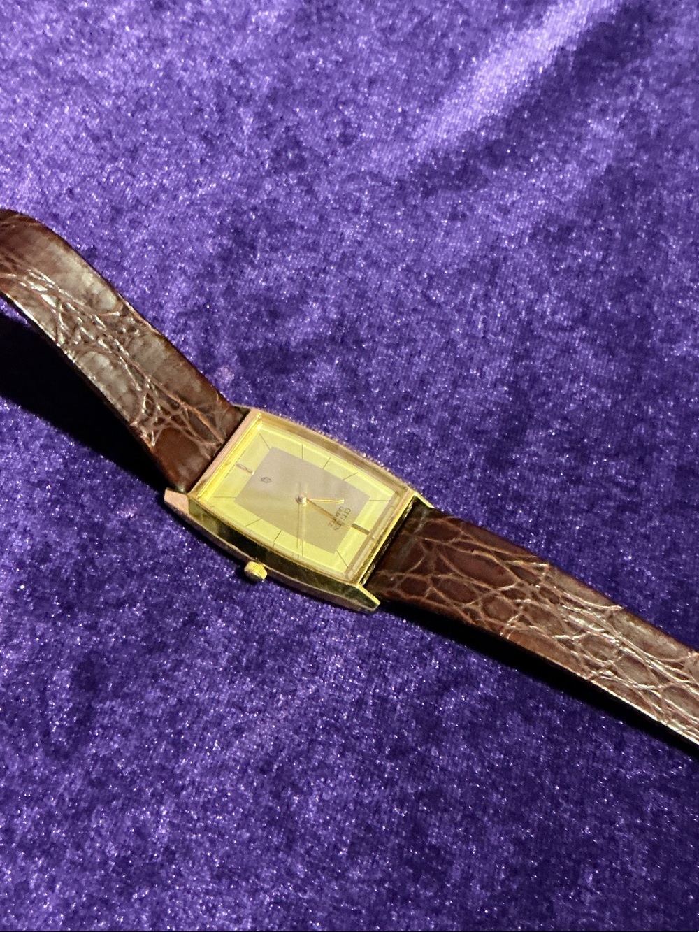 Gold-Tone Square Dress Watch with Brown Leather Strap